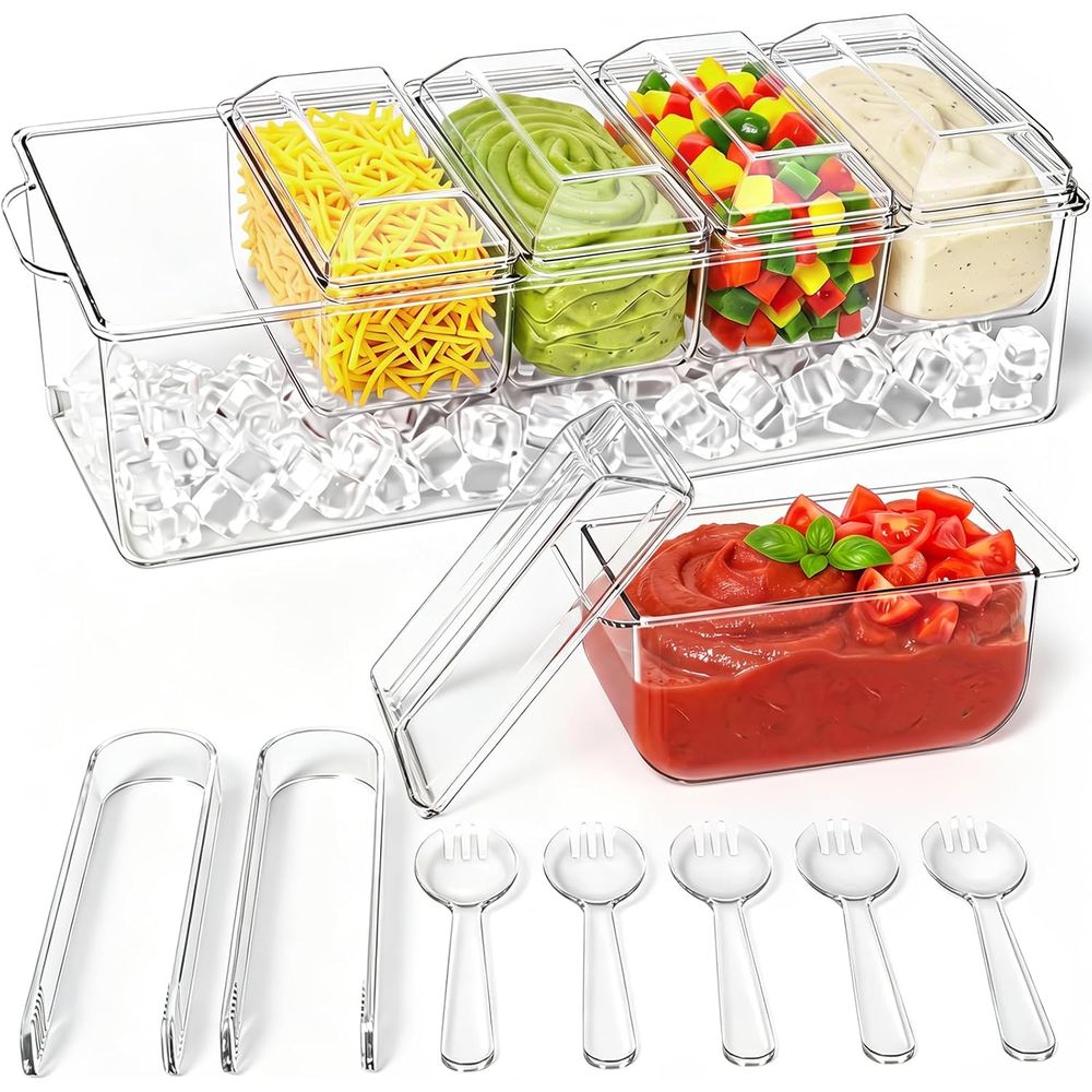 Garnish Tray Set - 調味料トレイ、家庭用、パーティー用、お祝い用、バー用の冷蔵サーバー、氷上に置くガーニッシュホルダー、取り外し可能なトレイと蓋付きのアクセサリー