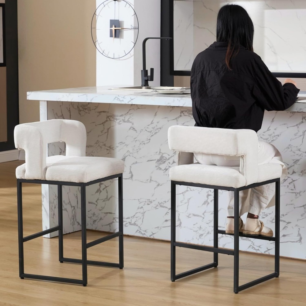 Home Bar Stools - モダンなバースツール 2 個セット、26 インチのカウンターハイトバースツール、頑丈な金属スチールフレーム、シェニール布張りのバースツール