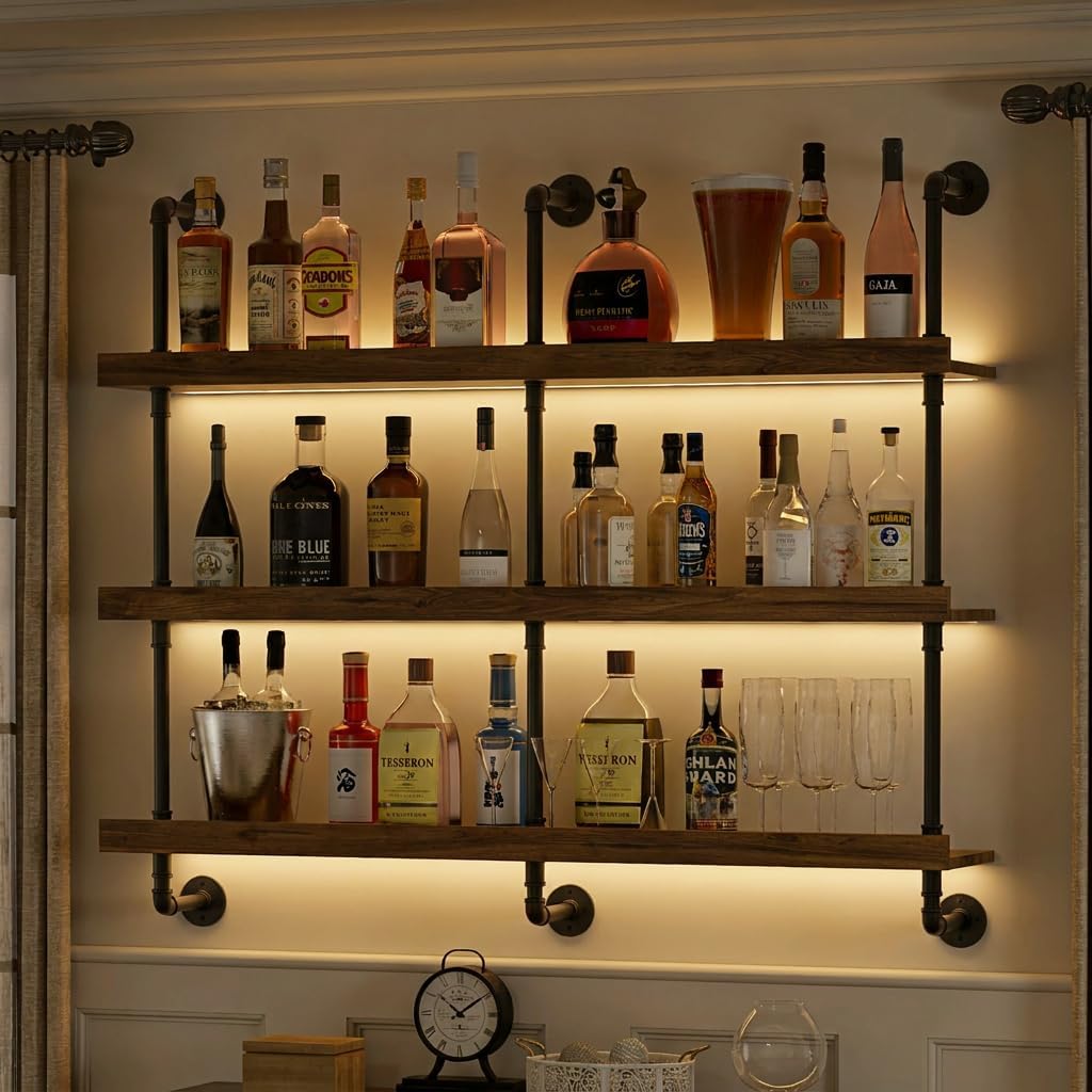 Home Bar Stand - 壁掛けワインラック LEDライト付き 3段フローティングバーシェルフ 酒瓶ディスプレイ収納用 モダンなワインホルダーオーガナイザー キッチン