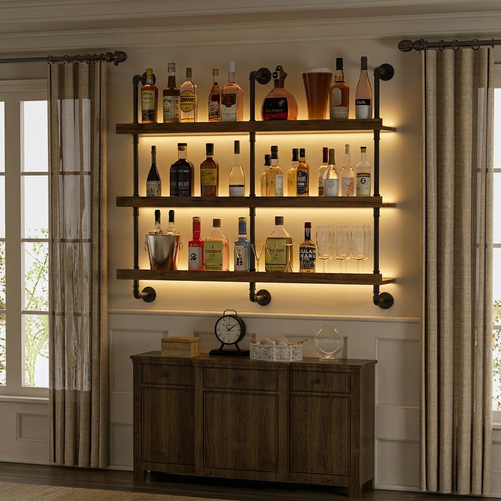 壁掛けワインラック LEDライト付き 3段フローティングバー - Home Bar Stand のレビューと価格