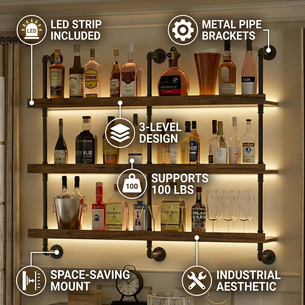 壁掛けワインラック LEDライト付き 3段フローティングバー - Home Bar Stand のレビューと価格